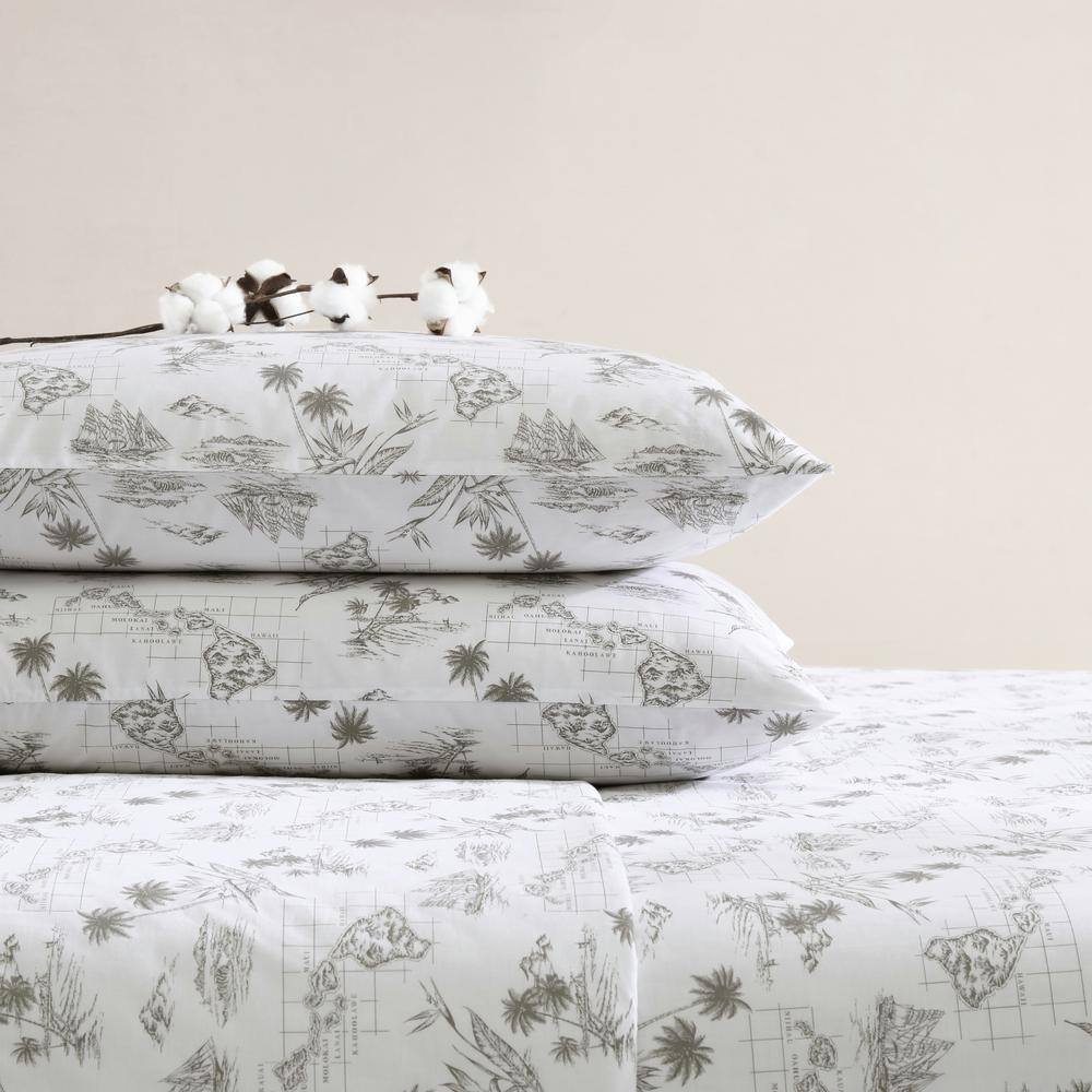 Vintage Map Print White Cotton Queen Sheet Set