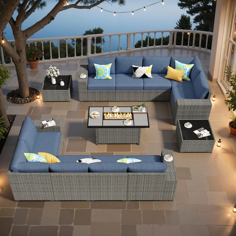 Aestheticism 13-Pieces Wicker Outdoor Patio Rectangular Fire Pit Set with Denim Blue Cushions