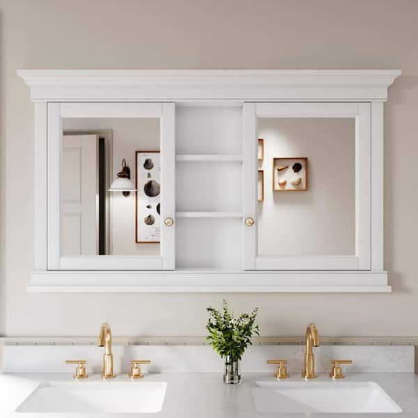 55 in. W x 32 in. H Rectangular Solid Wood Medicine Cabinet with Mirror with Adjustable Glass Shelf in White