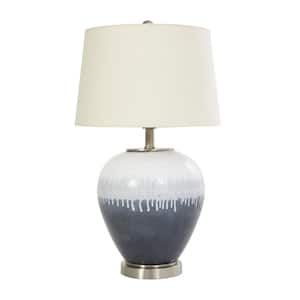 25 in. Blue Glass Color Block Abstract Drip Task and Reading Table Lamp with Cream Accent and Silver Base