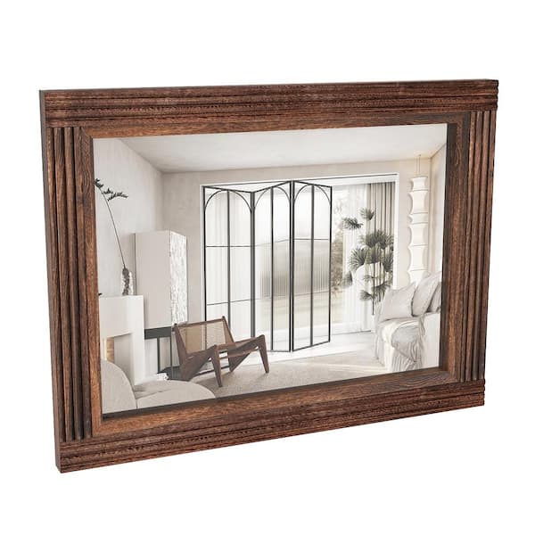 Unbranded Bedroom 32 in. W x 24 in. H Rectangular Pine Frame Brown Decorative Mirror