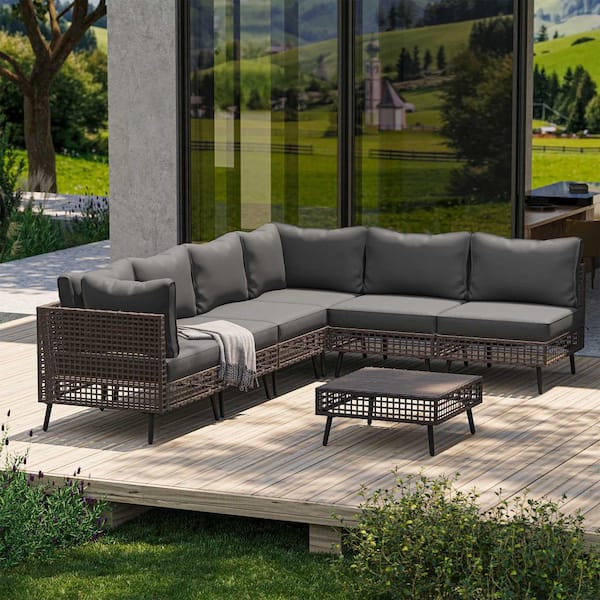 Gray 7-Piece Wicker Patio Conversation Set with Gray Cushions and Coffee Table