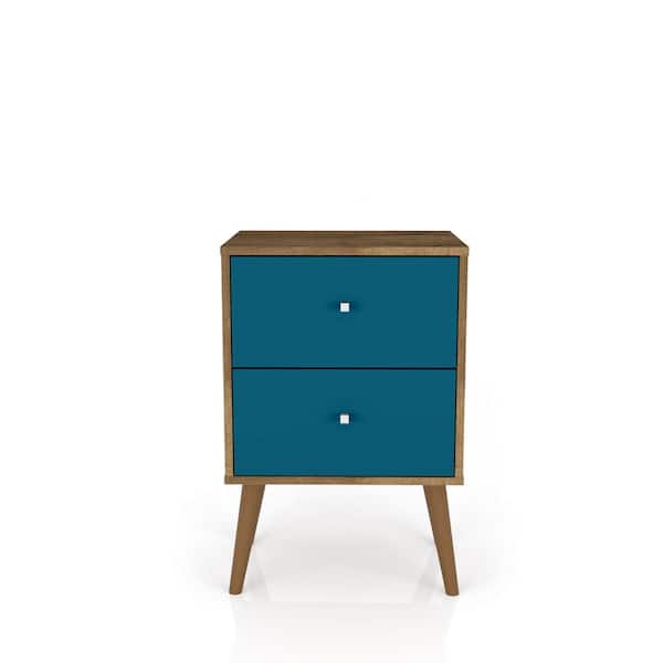 Manhattan Comfort Liberty Mid-Century Modern Rustic Brown and Aqua Blue 2-Drawer 17.72 in. W Nightstand
