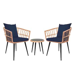 3-Piece PE Wicker Outdoor Dining Bistro Set With Side Table, Suitable For Garden, Poolside with Cushions Blue