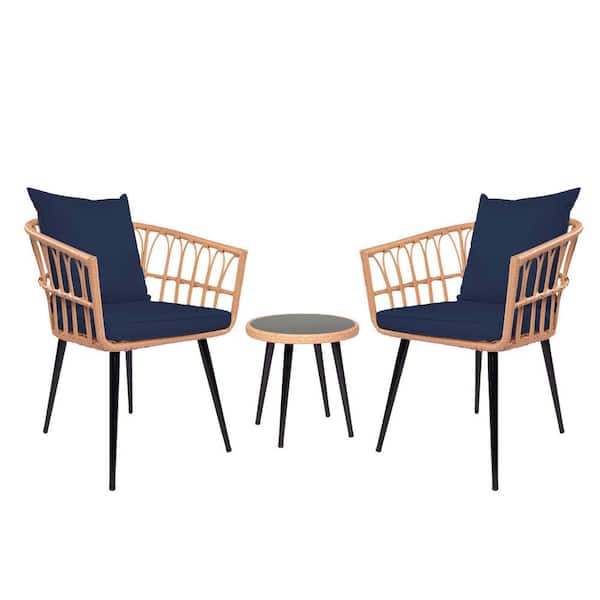 Unbranded 3-Piece PE Wicker Outdoor Dining Bistro Set With Side Table, Suitable For Garden, Poolside with Cushions Blue