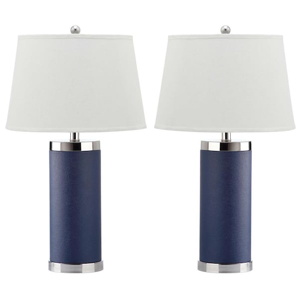 SAFAVIEH Leather Column 26 in. Navy Table Lamp with White Shade (Set of 2)