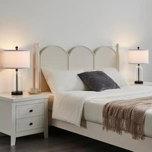 22 in. Black Bedside Table Lamp Set with Clear Glass Base and White Linen Shade (Set of 2)