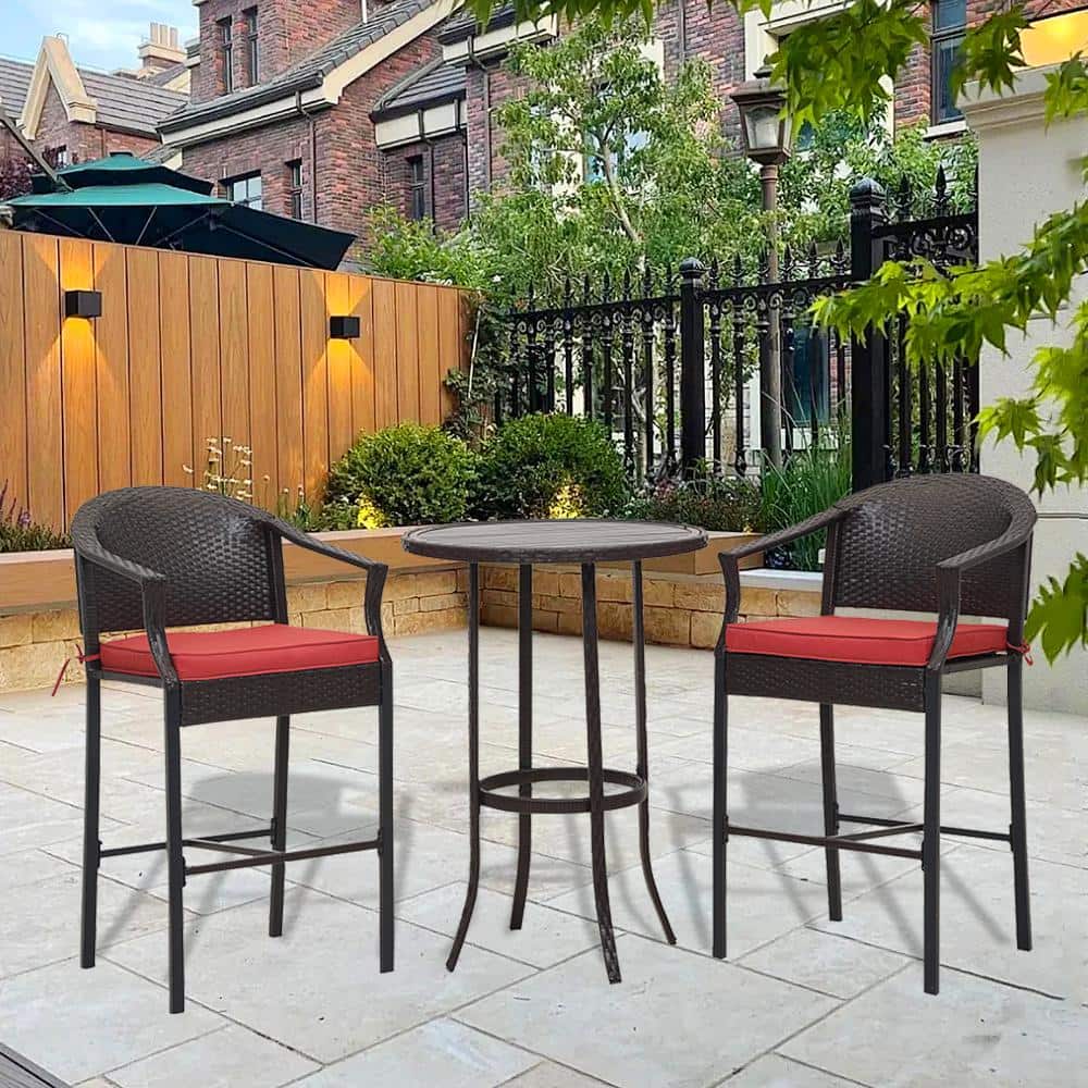Brown and Red Wicker 3-Piece Outdoor Bistro Set with Steel Frame