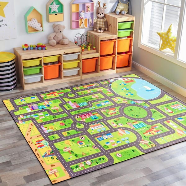City Streets Car Road Map Interactive Carpet Rug Floor Playmat, Washable (Extra Large), Green 6 ft. Indoor Area Rug