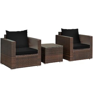 3-Piece PE Wicker Outdoor Sofa Set Patio Conversation Set with Black Cushions