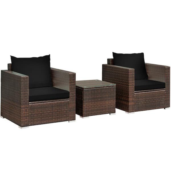 ANGELES HOME 3-Piece PE Wicker Outdoor Sofa Set Patio Conversation Set with Black Cushions