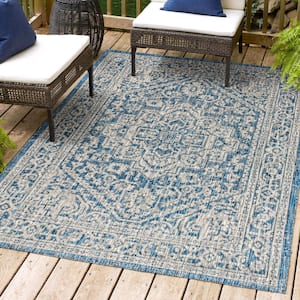 Sinjuri Navy/Gray 9 ft. x 12 ft. Medallion Textured Weave Indoor/Outdoor Area Rug