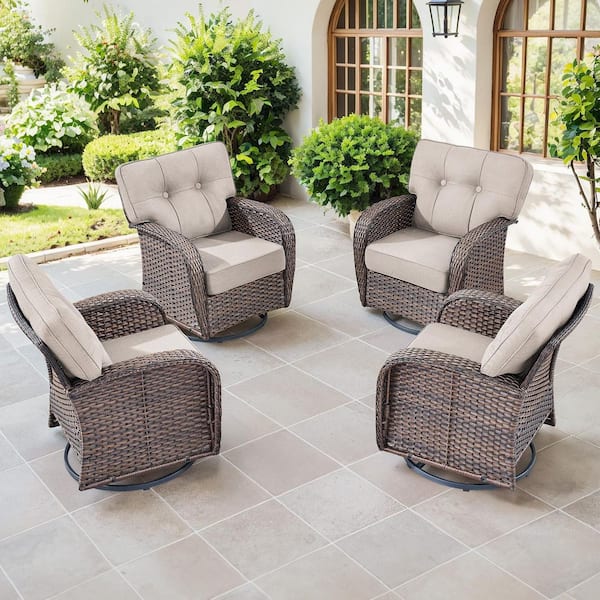 4-Piece Patio Wicker Outdoor Rocking Chair Set Swivel Glide with Beige Cushions