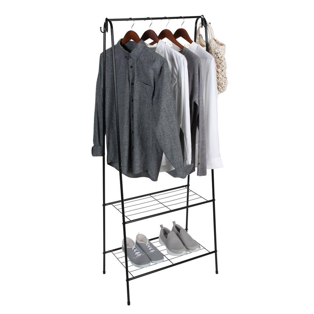 Black Metal Freestanding Clothing Rack with Shelves and Hooks