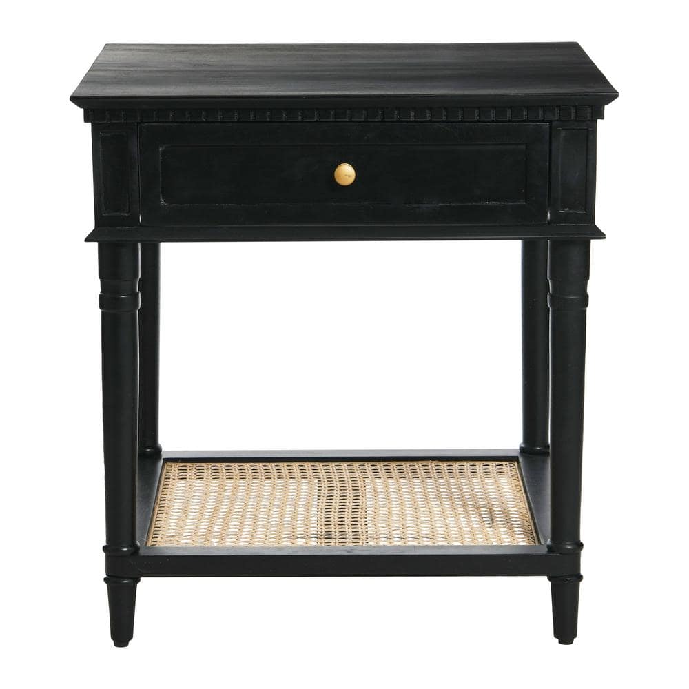 Black Wood End Table with Cane Shelf and Storage