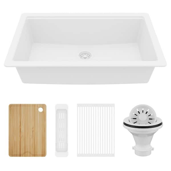 32-3/8 in. Undermount Single Bowl Quartz Workstation Kitchen Sink in White