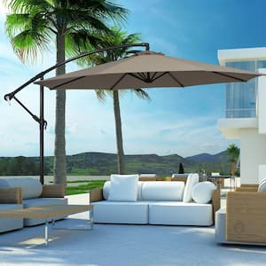 10 ft. Offset 8 Ribs Metal Cantilever Patio Umbrella with Crank for Poolside Yard Lawn Garden in Coffee