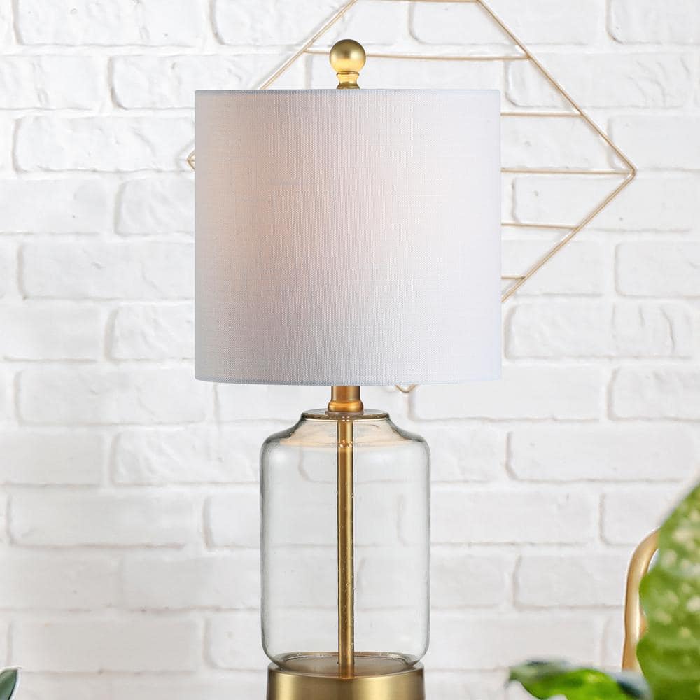 Duncan 20.5" Brass/Clear Glass Table Lamp with White Linen Shade