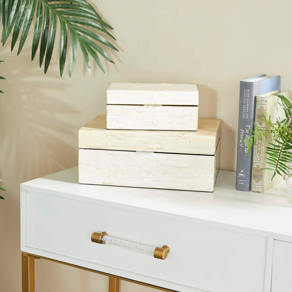 Set of 2 White Mother of Pearl Inlay Wooden Boxes