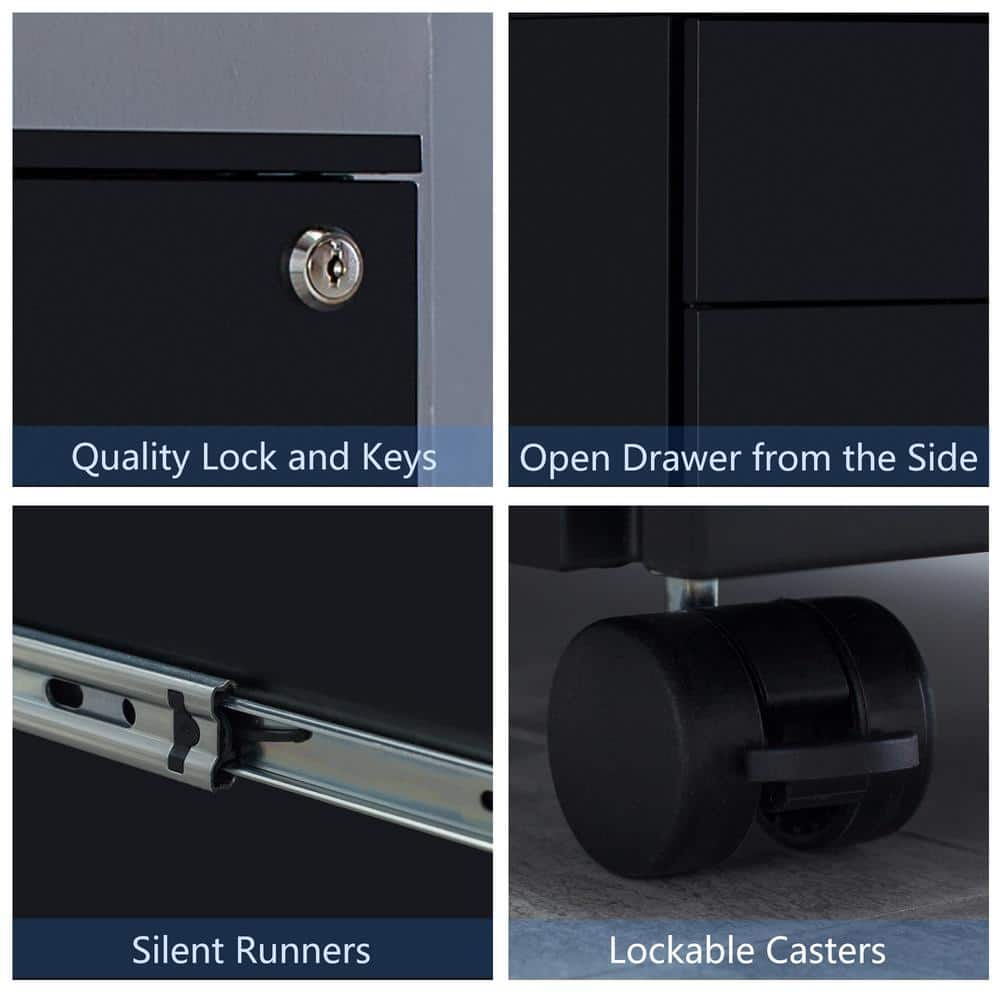 Black Mobile 3-Drawer Lockable Metal Filing Cabinet