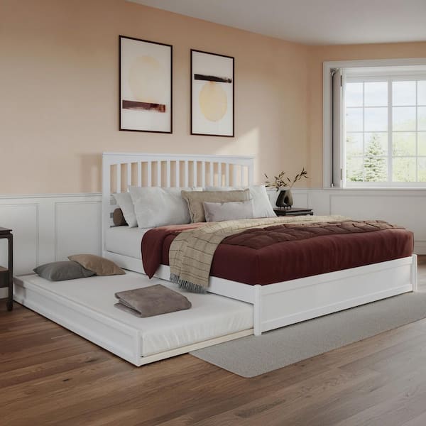 AFI Everett White Solid Wood Frame King Platform Bed with Panel Footboard and Twin XL Trundle