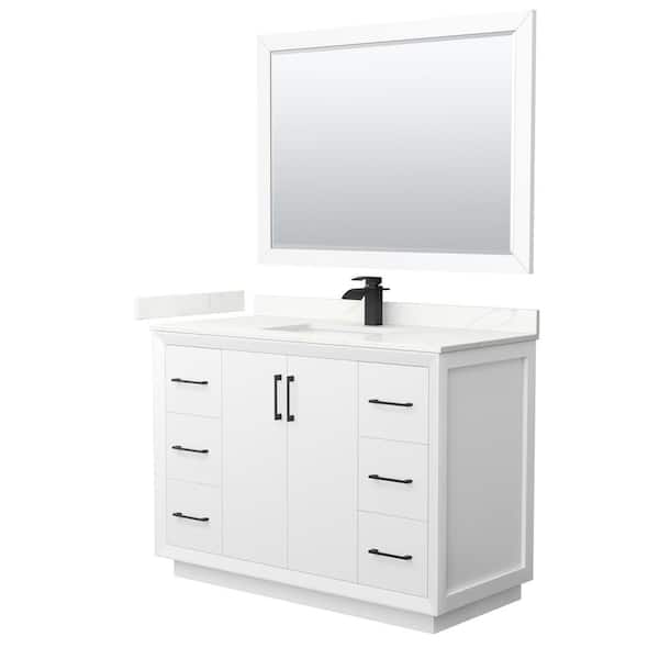 Wyndham Collection Strada 48 in. W x 22 in. D x 35 in. H Single Bath Vanity in White with Giotto Quartz Top and 46 in. Mirror