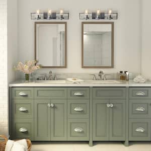 Modern Brushed Gray Linear 3-Light Vanity Light Bathroom Powder Room Arched Mirror with Cylinder Seeded Glass Shades