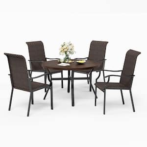 5-Piece Rattan Patio Outdoor Dining Set with Wood-look Pattern Metal Round Table and Wave Armrest High in Back Chairs