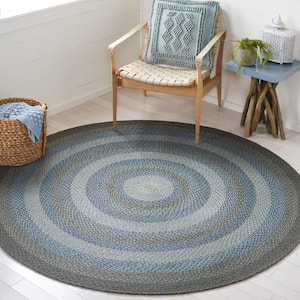 Braided Light Blue/Green 4 ft. x 6 ft. Border Striped Oval Area Rug
