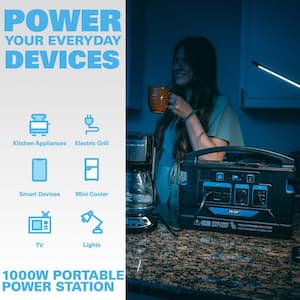 1000-Watt Quiet Portable Power Station with Push Button Start Battery Generator for Outdoors, Home, and Solar Charging
