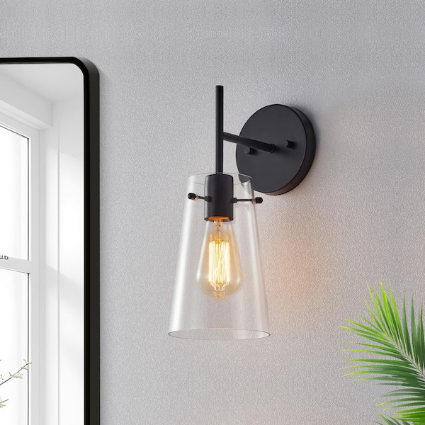 KAWOTI 1-Light Blackened Bronze Armed Wall Sconce with Clear Glass Shade