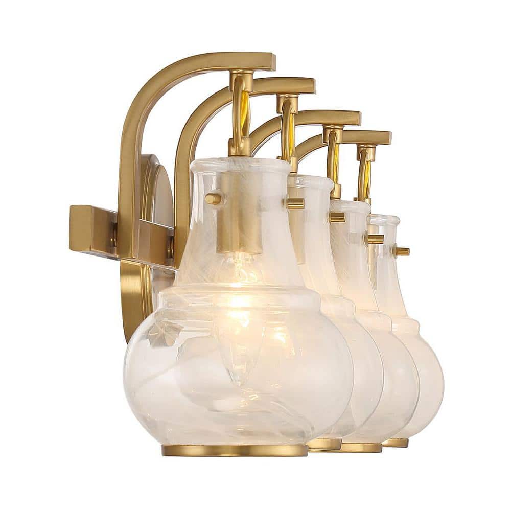 Warm Brass 4-Light Vanity with White Strie Glass Shades