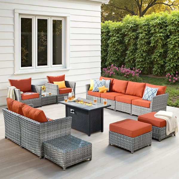 Toject Eufaula Gray 13-Piece Wicker Modern Outdoor Patio Fire Pit Conversation Sofa Seating Set with Orange Red Cushions