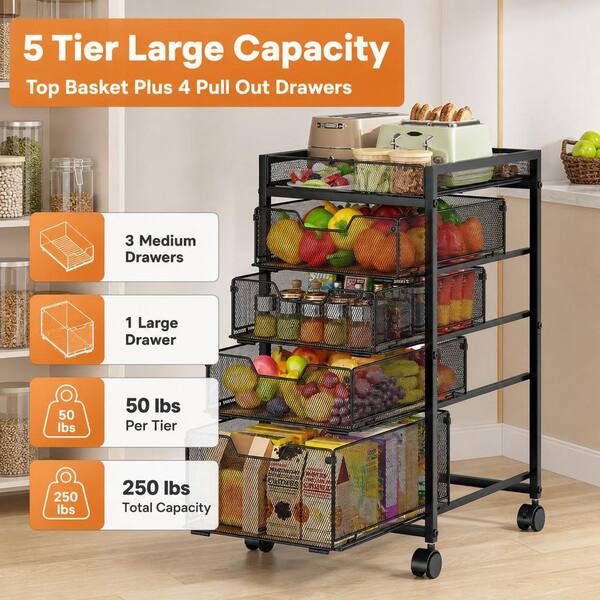Numhew 1 Piece Wheeled 5-Tier Metal Rolling Storage Cart, Fruit