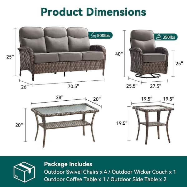 Moonridge 8-Piece Brown Wicker Patio Conversation Set with 6 in. Olefin Gray Cushions/Patio Swivel Chair with Sofa