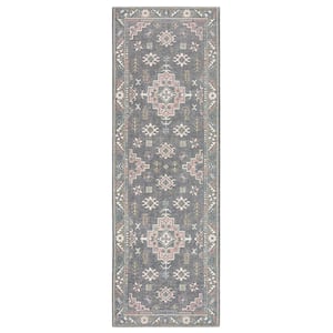 Luxe Livie Forever Vintage Grey Rose Pink 24 in. x 72 in. Machine Washable Runner Kitchen Mat