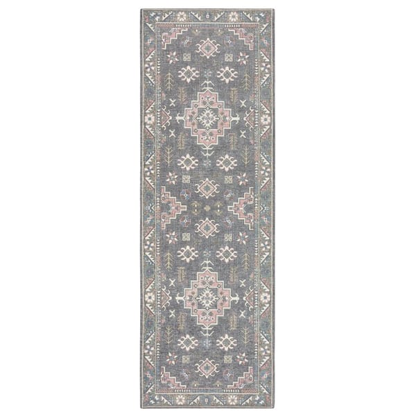 Luxe Livie Forever Vintage Grey Rose Pink 24 in. x 72 in. Machine Washable Runner Kitchen Mat
