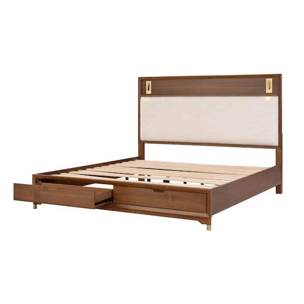Forma Mid Century Brown Walnut Rubber Wood Frame King Platform Bed with Reading Lights and 2 Storage Drawers