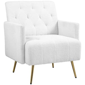 White Fabric Upholstered Tufted Modern Sherpa Accent Armchair, with Gold Steel Legs, for Living Room and Bedroom