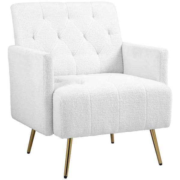 HOMCOM White Fabric Upholstered Tufted Modern Sherpa Accent Armchair, with Gold Steel Legs, for Living Room and Bedroom