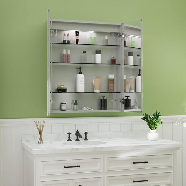 36 in. W x 36 in. H Rectangular Silver Aluminum Recessed/Surface Mount Medicine Cabinet with Mirror, LED and Clock