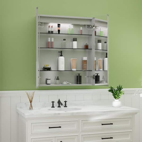 36 in. W x 36 in. H Rectangular Silver Aluminum Recessed/Surface Mount Medicine Cabinet with Mirror, LED and Clock