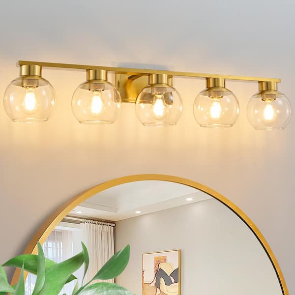 Deyidn 37.43 in. 5-Light Gold Bathroom Vanity Light with Glass Shades, Bulbs not Included