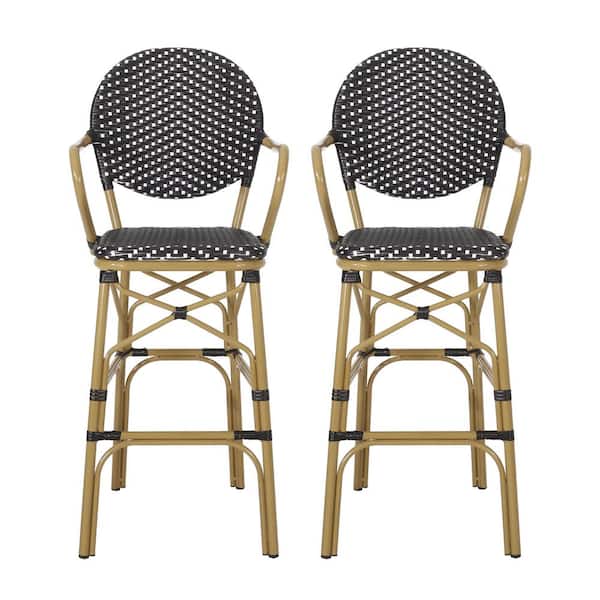 Noble House Ladieu Black and White Aluminum and Wicker Outdoor Patio Bar Stool (2-Pack)