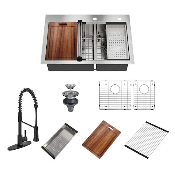 CASAINC 33 in. Top Mount Drop-in Double Bowl 18-Gauge Stainless Steel Kitchen Sink with Faucet