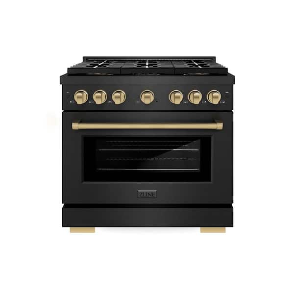 Autograph 36 in. 5.2 cu. ft. Paramount Dual Fuel Range with 6 Burner DuoPro Cooktop in Black Satin and Champagne Accents