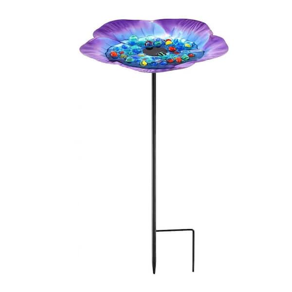 Purple Bird Bath Bee Watering Station Metal Butterfly Drinking Cup with 30 Colored Glass Marbles Bee Feeding Cup