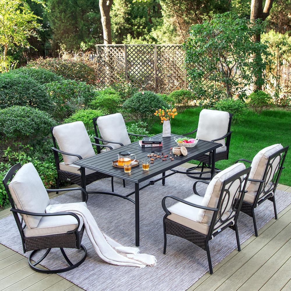 7-Piece Metal Patio Outdoor Dining Set with Black Rectangle Table and Chairs with Beige Cushions price history on PriceWatchPro