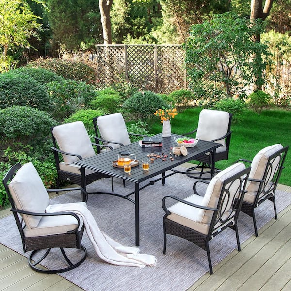 PHI VILLA 7-Piece Metal Patio Outdoor Dining Set with Black Rectangle Table and Chairs with Beige Cushions
