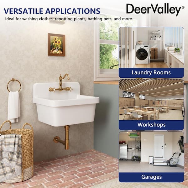 DEERVALLEY 10 Gallon Ceramic Wall Mount Laundry Utility Sink with Basket Strainer